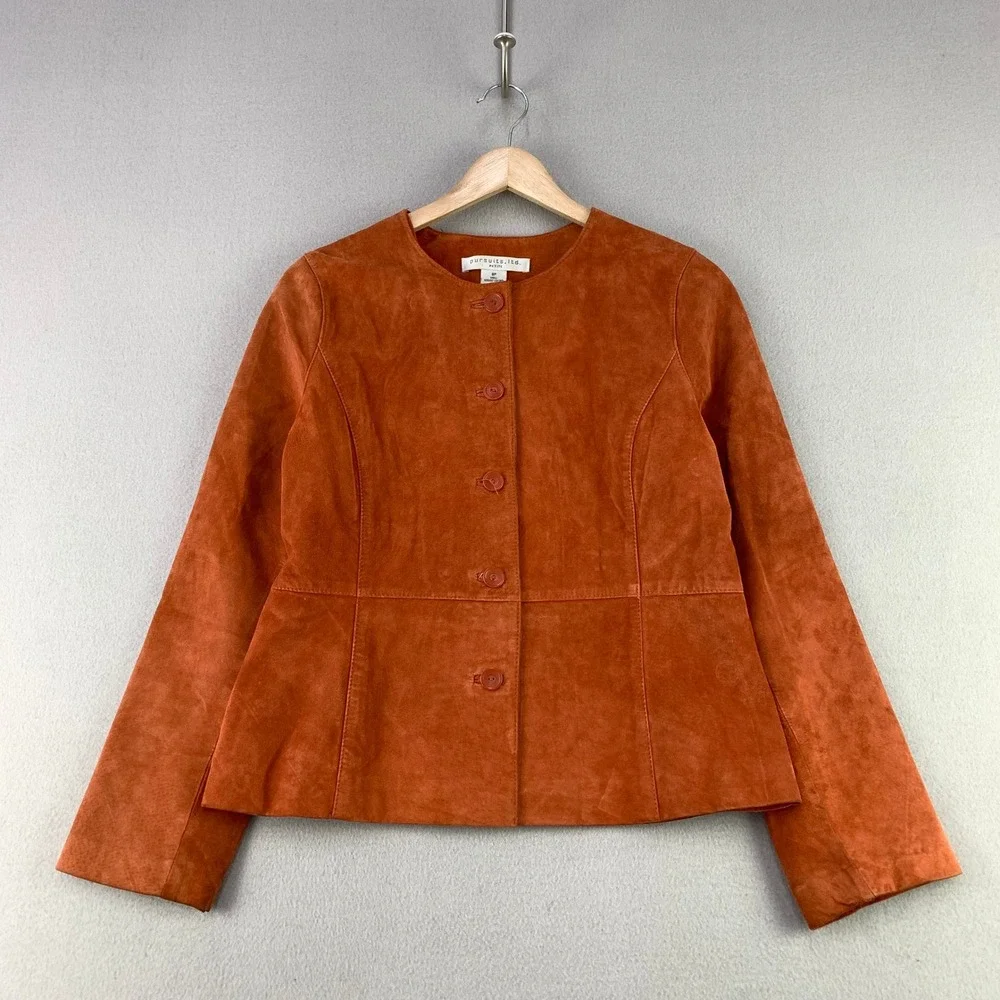 Pursuits Ltd Suede Leather Jacket Womens 8P Pumpkin Orange Peplum Minimalist